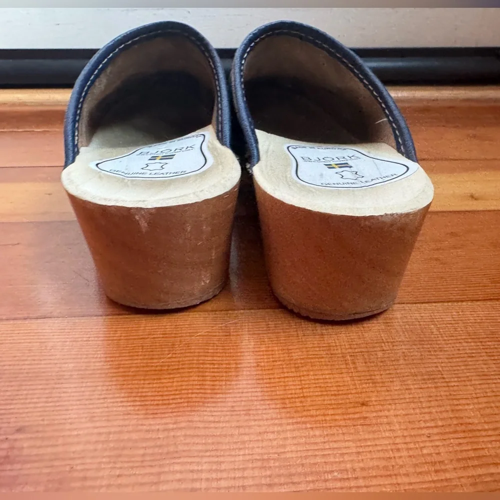 Wooden Blue Leather Clogs - Picture 3 of 5